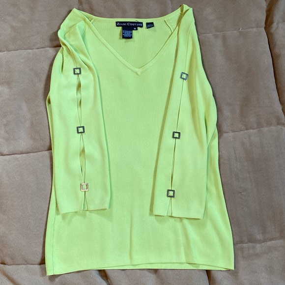 ZIANI COUTURE - Lime Green Ribbed Top with Silver Square Accents on Sleeves - Picture 3 of 7